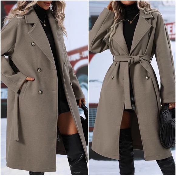 Classic Double Breast Buttons Pockets Trench Coat Jacket - Picture 4 of 8